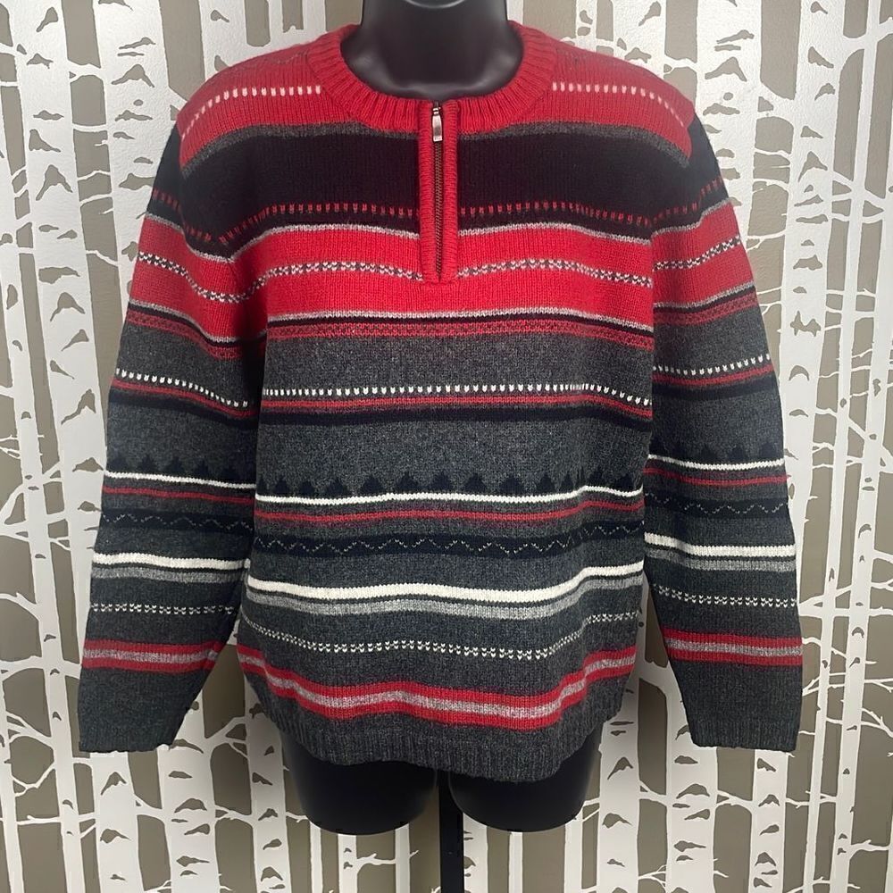 Field Gear Red Black & Grey Striped Lambswool Quarter Zip Neck Sweater sz M